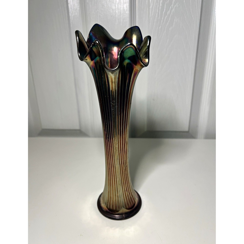 Vintage Fenton Cobalt Blue Carnival Glass Fine Rib Swung Vase 10" Iridescent